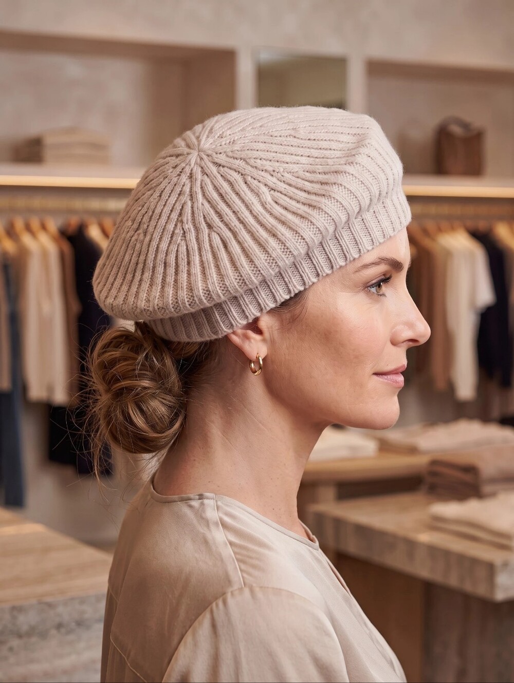 NWT Halogen Cashmere Ribbed Knit Beret Hat Beige Womens - Fall Winter
